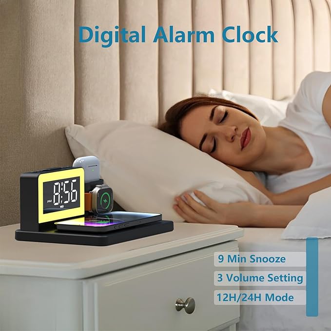 5 in 1 Bedside Wireless Charging Station with Alarm Clock and 7 Color Night Light for Magsafe for iPhone for Apple Watch for Airpod,Magnetic Cell Phone Charger Docking Stand for Apple Devices (Black)