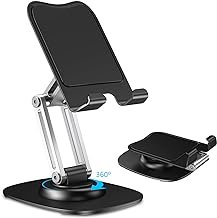CreaDream Cell Phone Stand for Desk, Aluminum Phone Holder with 360 Rotating Metal Base, Foldable & Portable Desktop Phone Holder Compatible with iPhone 16 15 14 13 Pro Samsung All 4.7-8 inch Phones