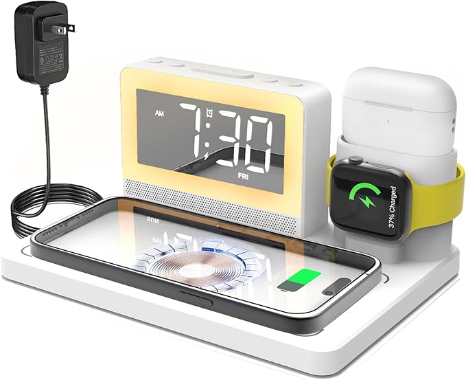 5 in 1 Bedside Wireless Charging Station with Alarm Clock and 7 Color Night Light for Magsafe for iPhone for Apple Watch for Airpod,Magnetic Cell Phone Charger Docking Stand for Apple Devices (White)