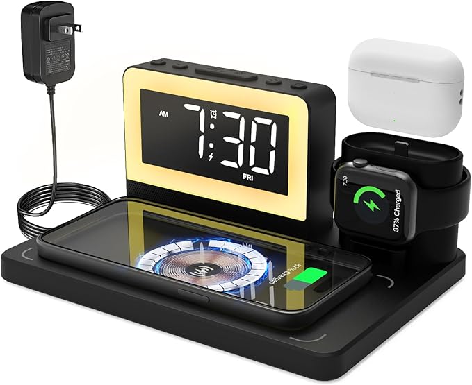 5 in 1 Bedside Wireless Charging Station with Alarm Clock and 7 Color Night Light for Magsafe for iPhone for Apple Watch for Airpod,Magnetic Cell Phone Charger Docking Stand for Apple Devices (Black)