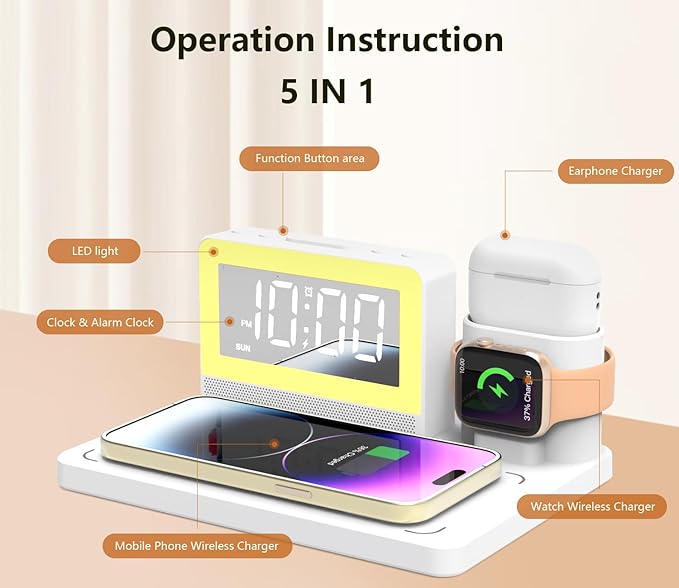 5 in 1 Bedside Wireless Charging Station with Alarm Clock and 7 Color Night Light for Magsafe for iPhone for Apple Watch for Airpod,Magnetic Cell Phone Charger Docking Stand for Apple Devices (White)