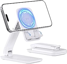 iWALK Magnetic Cell Phone Stand for Desk, Angle and Height Adjustable Mobile Phone Holder, Foldable Magnet Stand for iPhone 16 15 14 13 12 Pro Max and iPad, Cell Phone Holder for Samsung Galaxy, White