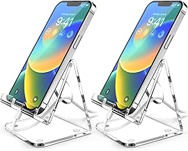 TOPGO 2 Pack Acrylic Cell Phone Stand, Clear Phone Holder for Office Desk, Vanity, Kitchen Counter, Bedside Table, Compatible with iPhone 16 15 14 13 12 11 Pro Max Plus/Smartphones/iPad/Switch/Kindl