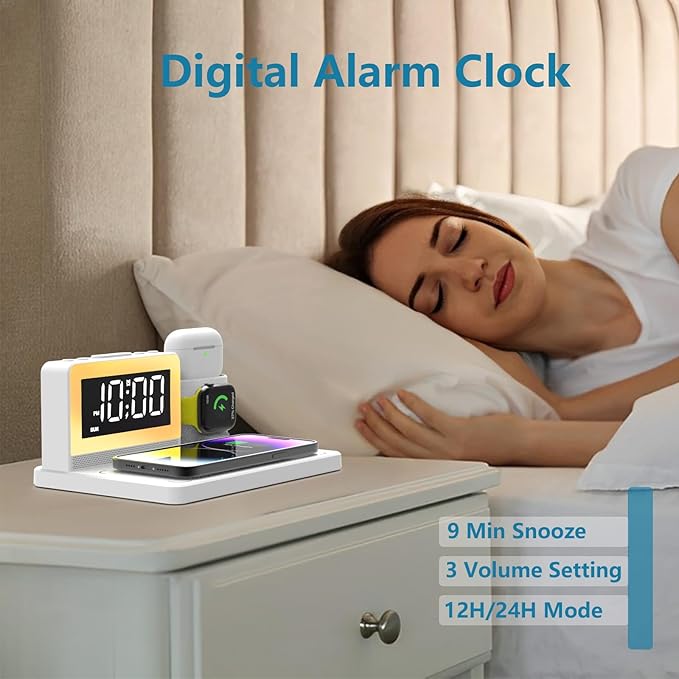 5 in 1 Bedside Wireless Charging Station with Alarm Clock and 7 Color Night Light for Magsafe for iPhone for Apple Watch for Airpod,Magnetic Cell Phone Charger Docking Stand for Apple Devices (White)