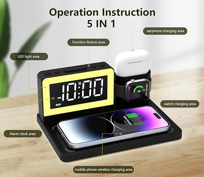 5 in 1 Bedside Wireless Charging Station with Alarm Clock and 7 Color Night Light for Magsafe for iPhone for Apple Watch for Airpod,Magnetic Cell Phone Charger Docking Stand for Apple Devices (Black)