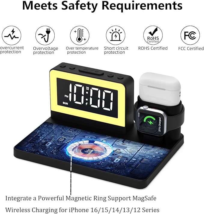 5 in 1 Bedside Wireless Charging Station with Alarm Clock and 7 Color Night Light for Magsafe for iPhone for Apple Watch for Airpod,Magnetic Cell Phone Charger Docking Stand for Apple Devices (Black)