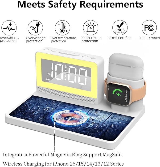 5 in 1 Bedside Wireless Charging Station with Alarm Clock and 7 Color Night Light for Magsafe for iPhone for Apple Watch for Airpod,Magnetic Cell Phone Charger Docking Stand for Apple Devices (White)
