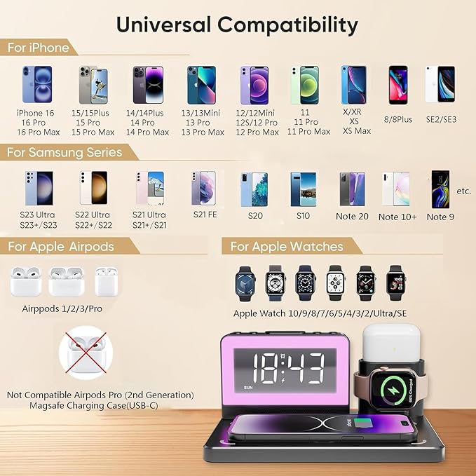 5 in 1 Bedside Wireless Charging Station with Alarm Clock and 7 Color Night Light for Magsafe for iPhone for Apple Watch for Airpod,Magnetic Cell Phone Charger Docking Stand for Apple Devices (Black)