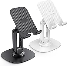 OMOTON Cell Phone Stand for Desk, 2 Pack Adjustable Foldable Phone Holder, 360 Swivel Mobile Stand Fit for iPhone 16 15 14 13 12 Pro Max and All Smart Phones, Black & White
