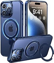 Alphex Titanium Stand for MagSafe iPhone 15 Pro Case, Polished Titanium Match for iPhone 16FT Military Drop Protection, Shockproof Phone Ring Slim Cover 6.1 inch for Women Men, Blue